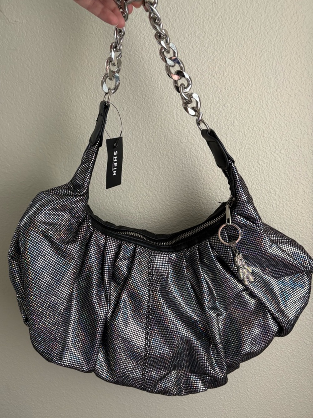 SHEIN Iridescent Black Hobo Bag with Chunky Silver Chain